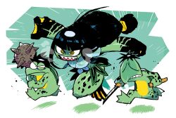 1girl absurdres black_hair blunt_bangs club club_(weapon) colored_skin furrowed_brow green_skin highres kappa katana kawakichi_(rariatto) leaf_skirt mace neneko_(rariatto) original rariatto_(ganguri) running sanataro_(rariatto) sharp_teeth sheath sidelocks spiked_club spiked_mace spikes sword teeth weapon yellow_eyes