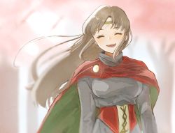 1girl breasts brown_hair cape circlet closed_eyes dress gensou_suikoden gensou_suikoden_i headband highres korunosabu long_hair looking_at_viewer medium_breasts odessa_silverberg open_mouth smile solo tree