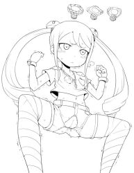 Rule 34 | 1girl, cleft of venus, clenched hand, crotchless, female focus, heybot!, kasrina, long hair, midriff, monochrome, nippleless clothes, nipples, pussy, pussy juice, screw, simple background, solo, striped clothes, striped thighhighs, sweat, tearing up, thighhighs, trembling, twintails, white background, wide stance, zootan