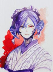 age_iro au_ra blue_horns final_fantasy final_fantasy_xiv heterochromia horns japanese_clothes kimono painting_(medium) purple_kimono traditional_media watercolor_(medium)