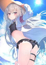 1girl :o adjusting_clothes adjusting_headwear ass bikini black_bikini blue_bow blue_bowtie blue_sky blush bow bowtie cloud commentary cowboy_shot day dutch_angle flat_chest floating_clothes floating_hair frilled_bikini frills from_behind grey_hair hair_between_eyes hand_up hat highres jacket long_bangs long_hair looking_at_viewer looking_back ocean open_clothes open_jacket original outdoors parted_lips sky solo sparkle standing straw_hat sun sunlight swimsuit symbol-only_commentary thigh_strap topia very_long_hair water white_jacket