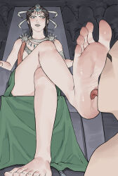 1boy 1girl barefoot black_hair crossed_legs feet foot_worship grey_eyes highres licking_foot long_hair parted_lips sititng soles throne toes wd1113