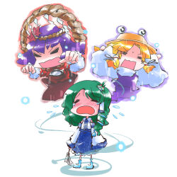 3girls blonde_hair blue_footwear blue_skirt blush bow chibi closed_eyes collared_shirt commentary_request crying detached_sleeves frilled_skirt frills frog_hair_ornament frog_hat gao ghost green_hair hair_bow hair_ornament kochiya_sanae layered_sleeves leaf_hair_ornament long_sleeves medium_hair moriya_suwako multiple_girls multiple_hair_bows nyoron_(fudegatana) open_mouth patterned purple_hair purple_vest red_shirt rope shide shimenawa shirt short_hair short_over_long_sleeves short_sleeves sidelocks skirt sleeveless sleeveless_shirt snake_hair_ornament touhou turtleneck vest white_shirt white_sleeves wide_sleeves yasaka_kanako