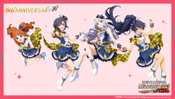 4girls anniversary bandai_namco belt black_hair blue_eyes blue_hair blue_skirt boots bow bug butterfly buttons copyright_name copyright_notice english_text floating frilled_skirt frills ganaha_hibiki grey_eyes grey_hair hair_bow highres idol_clothes idolmaster idolmaster_million_live! idolmaster_million_live!_theater_days insect kikuchi_makoto multiple_girls official_art open_mouth orange_hair pink_background plaid_clothes ponytail purple_eyes shijou_takane skirt star_(symbol) takatsuki_yayoi twintails v wrist_cuffs