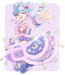 Rule 34 | 1girl, :d, aikatsu! (series), aikatsu stars!, bad id, bad pixiv id, blue hair, boots, bow, donut hair bun, earrings, fur-trimmed sleeves, fur trim, hair bow, hair bun, hair ornament, hair up, hanazono kirara, happy, jewelry, jumping, kada mha, long hair, looking at viewer, midriff, multicolored hair, navel, one eye closed, open mouth, pink hair, purple eyes, ribbon, shirt, skirt, smile, solo, star (symbol), star earrings, thighhighs, thighs, two-tone hair
