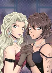 2girls armband artist_name black_dress blonde_hair breast_press brown_hair buckle dress earrings gloves green_eyes highres holding_hands jewelry lipstick long_hair looking_at_viewer makeup meitantei_conan miyano_shiho multiple_girls necklace paseri_(l7dgtxtsnlmfwlb) pearl_necklace red_dress symmetrical_docking upper_body vermouth_(meitantei_conan)