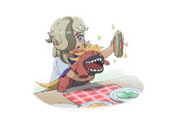1boy :d aged_down arven_(pokemon) blue_eyes brown_hair cheese cocoloco eyelashes food hair_over_one_eye holding holding_food holding_pokemon lettuce long_hair male_focus maschiff nintendo open_mouth plate pokemon pokemon_(creature) pokemon_sv sandwich shirt short_sleeves sliced_cheese smile sparkle table tongue white_background