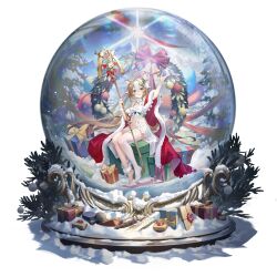 Rule 34 | 1girl, animal ear fluff, animal ears, artist request, brown hair, christmas present, christmas tree, christmas wreath, cloak, game cg, gift, girls&#039; frontline, girls&#039; frontline neural cloud, hannah (neural cloud), highres, holding, holding staff, long hair, navel, official alternate costume, official art, red cloak, red ribbon, ribbon, santa costume, single thighhigh, snow, snow globe, solo, staff, thighhighs, third-party source, transparent background, twintails, white hair, winter, wreath
