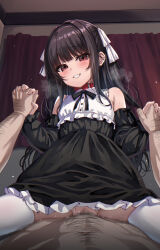 1boy 1girl absurdres animal_collar assertive_female belt_collar black_dress black_hair blush brown_eyes censored clothed_sex collar cowgirl_position detached_sleeves dress girl_on_top grin hair_ribbon hetero highres holding_hands kamita long_hair looking_at_viewer mosaic_censoring no_panties open_mouth original penis pov pussy red_collar ribbon sex smile solo_focus spread_legs straddling sweat thighhighs two-tone_dress two_side_up vaginal white_dress white_thighhighs