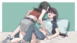 Rule 34 | 2girls, absurdres, bang dream!, bang dream! it&#039;s mygo!!!!!, black hair, blue pants, blue shoes, border, brown hair, chinese commentary, commentary request, crop top, grey skirt, highres, joker (jjjokerrr233), long hair, medium hair, mole, mole under eye, multiple girls, navel, open mouth, pants, pillow, purple eyes, red tank top, shiina taki, shirt, shoes, short sleeves, skirt, tank top, teeth, white border, white shirt, yahata umiri, yuri