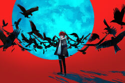 1boy ahoge bird black_jacket black_pants black_streaks blue_eyes blue_moon chinese_commentary coryco crow full_moon grey_jacket highres hood hoodie jacket jacket_over_hoodie male_focus moon multicolored_hair multicolored_jacket open_clothes open_jacket pants red_background red_hair short_hair solo standing streaked_hair sumino_takumi the_hundred_line_-last_defense_academy- two-tone_jacket white_hoodie