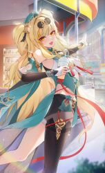 Rule 34 | 1girl, absurdres, bare shoulders, bell, blonde hair, breasts, chinese clothes, commentary request, detached sleeves, dress, drink, eyewear on head, feet out of frame, green hat, hair bell, hair ornament, hat, highres, holding, holding drink, honkai (series), honkai impact 3rd, large breasts, long hair, looking at viewer, looking back, miyoushe watermark, multicolored hair, nail polish, official alternate costume, official art, ooo wange, open mouth, orange hair, pointing, red nails, smile, solo, songque, songque (jovial deception: shadowdimmer), streaked hair, sunglasses, tassel, thumb ring, two side up, very long hair, watermark, yellow eyes
