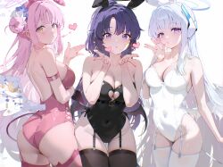 3girls absurdres animal_ears ass back black_leotard blowing_kiss blue_archive breasts brown_eyes clothing_cutout commission garter_straps hair_bun heart heart_cutout highres karachiiy leotard mika_(blue_archive) multiple_girls noa_(blue_archive) pink_eyes pink_hair pink_leotard playboy_bunny purple_eyes purple_hair rabbit_ears single_side_bun thighhighs thighs white_hair white_leotard yuuka_(blue_archive)