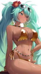 1girl absurdres aqua_hair bikini brazilian_miku breasts dark_skin eyewear_on_head flower gold_bikini hair_flower hair_ornament hatsune_miku highres jewelry long_hair shiny_swimsuit swimsuit tan twintails vitaminechan vocaloid