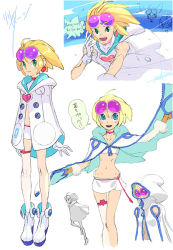 Rule 34 | 1girl, aero (mega man), aero (yoshikawa tatsuya), ahoge, blonde hair, capcom, cape, coat, cowl, elbow gloves, gloves, goggles, green eyes, heart, hood, legs, mega man (series), mega man legends (series), mega man legends 3, miniskirt, original, single elbow glove, single glove, single thighhigh, skirt, tassel, tatsuya yoshikawa, thighhighs, yoshikawa
