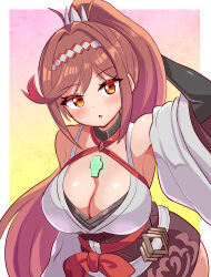 1girl bare_shoulders blush breasts brown_eyes brown_hair chest_jewel cleavage core_crystal_(xenoblade) cougar_(cougar1404) cowboy_shot glimmer_(xenoblade) gradient_background high_ponytail large_breasts long_hair pink_background ponytail simple_background solo xenoblade_chronicles_(series) xenoblade_chronicles_3 yellow_background