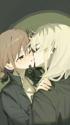 2girls absurdres black_gloves black_jacket blue_eyes blush brown_hair closed_eyes commentary earclip english_commentary girls_band_cry gloves grey_hair hand_on_another&#039;s_shoulder highres iseri_nina jacket jewelry kawaragi_momoka licking licking_another&#039;s_face long_hair low_twintails multicolored_hair multiple_girls necklace one_eye_closed roots_(hair) short_hair short_twintails sidelocks twintails upper_body ydpfa yuri