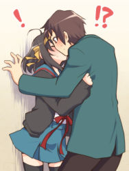 !? 1boy 1girl black_thighhighs blazer blue_sailor_collar blue_skirt blush brown_cardigan brown_eyes brown_hair brown_pants cardigan commentary_request green_jacket hair_ribbon hairband hetero jacket kiss kita_high_school_uniform kyon long_sleeves open_cardigan open_clothes pants red_ribbon ribbon sailor_collar school_uniform serafuku short_hair skirt solo suzumiya_haruhi suzumiya_haruhi_no_yuuutsu sweat taiki_(6240taiki) thighhighs yellow_hairband zettai_ryouiki