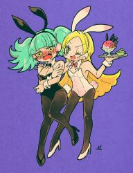 Rule 34 | 2girls, animal ear hairband, animal ears, biburi (precure), black leotard, black shoes, blonde hair, bow, bowtie, detached collar, earrings, fake animal ears, fake tail, fishnet pantyhose, fishnets, food, fruit, full body, green hair, hairband, high heels, highleg, highleg leotard, highres, jewelry, kirahoshi ciel, kirakira precure a la mode, leotard, long hair, morinaga ayami, multiple girls, pantyhose, pistachio, playboy bunny, pocky, precure, rabbit ear hairband, rabbit ears, rabbit tail, shaved ice, shoes, strapless, strapless leotard, strawberry, tail, traditional bowtie, twintails, white leotard, white shoes, white wrist cuffs, wrist cuffs