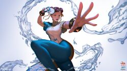absurdres artist_logo artist_name bracelet capcom chun-li double_bun eyeshadow fighting_stance flip-flops flip-flops_removed floating_water hair_bun highres holding holding_sandals jewelry kuya_jaypi logo makeup nail_polish red_eyeshadow red_nails sandals simple_background street_fighter twitter_username water