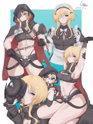 1girl alternate_costume apron arm_warmers arms_up bare_shoulders belt black_belt black_cloak black_coat black_dress black_gloves black_shirt black_shorts blonde_hair blue_eyes breasts broken_mask buckle chain chibi chibi_inset chinese_commentary cleavage cloak closed_mouth coat commentary_request cropped_shirt dress enmaided exposed_pocket eyepatch gloves goddess_of_victory:_nikke grave_(nikke) hair_between_eyes highleg highleg_panties highres holding holding_chain holding_mask hood hood_down hood_up hooded_cloak long_hair long_sleeves looking_at_viewer maid maid_apron maid_headdress mask medium_breasts metal_gloves micro_shorts midriff navel open_clothes open_coat open_mouth panties partially_unbuttoned puffy_short_sleeves puffy_sleeves shirt short_sleeves shorts sidelocks signature single_arm_warmer sitting smile snap-fit_buckle standing thigh_strap torn_cloak torn_clothes uko_tiao underwear unworn_mask wariza wet wet_clothes wet_shirt white_gloves
