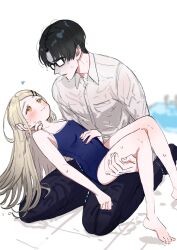 1boy 1girl barefoot black_hair black_pants blonde_hair blue_one-piece_swimsuit blurry blurry_background blush closed_mouth gakuen_idolmaster glasses hair_ornament hairclip heart hetero highres idolmaster kasasagi_(futagodori888) long_hair nail_polish one-piece_swimsuit opaque_glasses orange_eyes pants parted_lips pool producer_(idolmaster) red_nails shaded_face shinosawa_hiro shirt simple_background sitting swimsuit wet wet_clothes wet_hair white_background white_shirt
