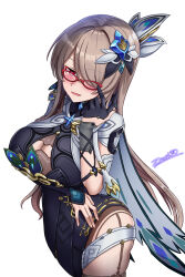1girl :d artist_name black_dress black_gloves blush breasts brown_hair cleavage cleavage_cutout clothing_cutout cosplay dress glasses gloves hair_ornament hair_over_one_eye highres honkai_(series) honkai_impact_3rd large_breasts long_hair mole mole_under_eye open_mouth pink_background rita_rossweisse signature simple_background single_sleeve smile solo very_long_hair vita_(honkai_impact) vita_(honkai_impact)_(cosplay) vita_(lone_planetfarer)_(honkai_impact) white_background zero130