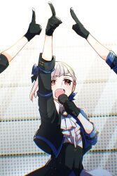 Rule 34 | 3girls, arm up, ascot, black gloves, black jacket, blue jacket, chromatic aberration, collared shirt, commentary request, compass (love live!), dollchestra, dress shirt, frilled ascot, frills, gloves, grey hair, highres, holding, holding microphone, index finger raised, jacket, kachimachi kosuzu, kanduki kamibukuro, light particles, link! like! love live!, love live!, microphone, multicolored hair, multicolored jacket, multiple girls, murano sayaka, official alternate costume, open clothes, open jacket, open mouth, red eyes, red hair, shirt, short hair, solo focus, streaked hair, two-tone jacket, virtual youtuber, white ascot, white shirt, yugiri tsuzuri