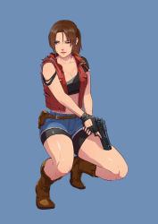 Rule 34 | 1girl, absurdres, belt, bike shorts, blue eyes, breasts, brown hair, cirenk, claire redfield, cleavage, closed mouth, commentary, commission, denim, female focus, fingerless gloves, gloves, gun, handgun, highres, jacket, painting (medium), ponytail, resident evil, resident evil 2, short hair, shorts, simple background, solo, traditional media, watercolor (medium), weapon