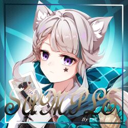 1girl :&lt; animal_ear_fluff animal_ears aqua_background aqua_bow artist_name black_gloves bow card cat_ears cat_girl closed_mouth facial_mark genshin_impact gloves hair_bow hand_up highres holding holding_card inset_border kpokaht029 looking_at_viewer lynette_(genshin_impact) lyney_(genshin_impact) purple_eyes sample_watermark shirt solo star_(symbol) star_facial_mark two-tone_gloves upper_body watermark white_gloves white_shirt