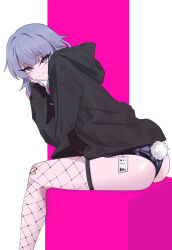 1girl ass black_hoodie cube fake_tail fishnet_pantyhose fishnet_thighhighs fishnets grin hatsune_miku hood hoodie legs leotard looking_at_viewer original pantyhose playboy_bunny purple_eyes purple_hair rabbit_hole_(vocaloid) sitting smile solo tail taisho_agata thighhighs thighs vocaloid