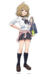1girl :o ahoge anime_coloring bag bag_charm black_choker black_nails blue_bag blue_bow blue_bowtie blue_eyes blue_skirt blue_socks boots bow bowtie bracelet brown_bow brown_bowtie brown_hair brown_shoes charm_(object) choker chupacabra_(idolmaster) clothes_around_waist collared_shirt concept_gyarus_(idolmaster) corrupted_twitter_file full_body gyaru hand_on_own_hip heart heart_choker highres holding holding_bag idolmaster idolmaster_million_live! idolmaster_million_live!_theater_days jewelry kan_ppang kneehighs loafers looking_at_viewer medium_hair multicolored_boots open_mouth pleated_skirt school_bag shirt shoes skirt sleeves_rolled_up socks solo standing striped_bow striped_bowtie striped_clothes suou_momoko teeth upper_teeth_only white_background white_bow white_bowtie white_shirt