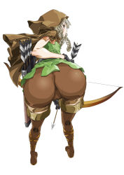 1girl arrow_(projectile) ass bad_id bad_pixiv_id bent_over boots bow_(weapon) braid cameltoe cloak dragon&#039;s_crown elf elf_(dragon&#039;s_crown) female_focus foreshortening from_behind full_body gloves highres huge_ass lace-up_boots long_hair looking_back pantylines pointy_ears quiver rantia red_eyes short_sleeves shorts simple_background solo standing thigh_boots thighhighs tunic twin_braids vanillaware weapon white_background