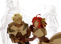 1boy 1girl acolyte_(ragnarok_online) age_progression bow brown_capelet brown_shirt brown_skirt cape capelet closed_eyes commentary dress english_commentary fumiddition grin hair_bow high_priest_(ragnarok_online) holding_hands long_sleeves open_mouth paladin_(ragnarok_online) ragnarok_online red_hair shirt short_hair skirt smile swordsman_(ragnarok_online) upper_body white_background white_hair yellow_bow