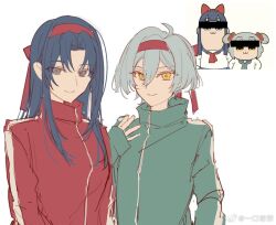 2girls accookie ahoge anime_screenshot_inset arm_at_side arms_at_sides artist_name blue_eyes blue_hair censored censored_identity chinese_commentary closed_mouth commentary_request curtained_hair double-parted_bangs flat_color genderswap genderswap_(mtf) green_jacket grey_hair hachimaki hair_between_eyes hand_up headband idolish7 isumi_haruka izumi_iori jacket long_hair long_sleeves looking_at_viewer multiple_girls pipimi pixie_cut popped_collar poptepipic popuko red_jacket short_hair side-by-side sidelocks simple_background smile straight_hair track_jacket upper_body variant_set very_short_hair watermark weibo_watermark white_background yellow_eyes