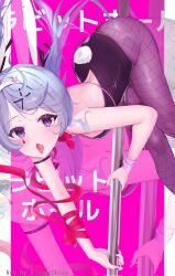 1girl aizumishina animal_ears ass black_leotard blue_eyes blue_hair blush breasts facial_mark fake_animal_ears fishnet_pantyhose fishnets hair_ornament hairband hatsune_miku highres leotard long_hair open_mouth pantyhose pink_nails pink_ribbon playboy_bunny pole rabbit_ears rabbit_hole_(vocaloid) ribbon simple_background solo teardrop_facial_mark tongue tongue_out vocaloid white_hairband x_hair_ornament