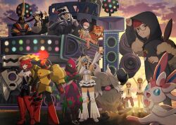 4boys 4girls absurdres ahoge armarouge atticus_(pokemon) backpack bag baseball_cap belt black_eyes black_gloves black_hair blonde_hair blue_eyes blue_hair bodysuit boots bright_pupils closed_mouth coat collar collared_shirt dachsbun eevee_backpack eri_(pokemon) eyelashes fingerless_gloves freckles gen_6_pokemon giacomo_(pokemon) glasses gloves green_eyes grey_eyes hat headphones helmet highres holding hood hoodie jacket kingambit long_hair long_sleeves looking_at_viewer mela_(pokemon) multicolored_hair multiple_boys multiple_girls neck_ribbon necktie nintendo official_art open_clothes open_jacket open_mouth ortega_(pokemon) pants pantyhose penny_(pokemon) pink_hair pointy_hair pokemon pokemon_(creature) pokemon_sv purple_eyes red_hair ribbon round_eyewear school_uniform shirt short_hair shorts smile star-shaped_eyewear star_(symbol) sylveon team_star team_star_grunt team_star_uniform teeth two-tone_hair vest white_pupils