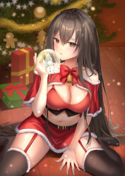 1girl absurdres bare_shoulders bell black_hair black_thighhighs box breasts christmas christmas_tree cleavage commentary fur_trim gift highres holding holding_snow_globe indoors large_breasts long_hair looking_at_viewer midriff navel off_shoulder original parted_lips raurashun red_garter_straps sitting snow_globe solo stomach thighhighs thighs wariza wooden_floor