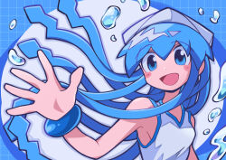 1girl :d absurdres bare_shoulders blue_background blue_eyes blue_hair blush_stickers breasts commentary double-parted_bangs dress grid_background hair_between_eyes hat highres ikamusume long_hair long_sidelocks looking_at_viewer open_mouth outstretched_hand shinryaku!_ikamusume sidelocks signal_(eriasignal) sleeveless sleeveless_dress small_breasts smile solo tentacle_hair thick_outlines upper_body very_long_sidelocks water_drop waving white_dress white_hat wristband
