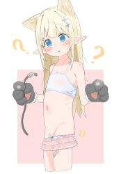 1girl ? absurdres animal_ears animal_hands blonde_hair blue_eyes character_request copyright_request flat_chest gloves hair_ornament highres loli long_hair navel panties panty_pull paw_gloves pointy_ears solo underwear youyoukai