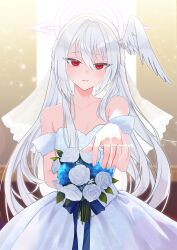 1girl absurdres blue_archive blue_flower blue_ribbon bouquet bridal_veil bride dress earrings flower glowing halo head_wings highres holding holding_bouquet jewelry light_particles long_hair looking_at_viewer mole mole_under_eye outstretched_arm purple_halo red_carpet red_eyes ribbon ring single_head_wing smile suzumi_(blue_archive) veil wakamomo1000 wedding_dress wedding_ring white_flower white_hair white_wings wings