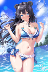 1girl :3 animal_ears bare_arms bear_ears bikini black_hair blue_bikini blue_eyes blue_sky blush breasts cleavage closed_mouth cloud collarbone commentary_request commission day frilled_bikini frills highres kogarashi_tobi long_hair looking_at_viewer medium_breasts navel ocean original outdoors skeb_commission sky smile solo standing swimsuit water_drop