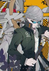 1boy absurdres black_jacket glasses grey_hair gugugu_official highres holding holding_sword holding_weapon izanagi_(persona_4) jacket male_focus narukami_yu persona persona_4 shirt short_hair solo sword upper_body weapon white_shirt