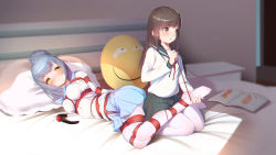 2girls absurdres alicetrina arms_behind_back ball_gag bdsm bed bed_sheet black_sailor_collar black_skirt blue_hair blue_sailor_collar blue_skirt bondage book bound bow bowtie breasts brown_eyes brown_hair closed_mouth eyes_visible_through_hair facing_viewer gag haori_haruki highres himino_seika himitsu_no_jugyou huge_filesize indoors legs_together long_hair long_sleeves lying medium_breasts multiple_girls on_side original pantyhose parted_lips pillow ponytail red_robe restrained robe sailor_collar school_uniform shibari shibari_over_clothes shirt sitting skirt straight_hair tying unworn_gag wariza white_legwear white_shirt yellow_eyes yuri