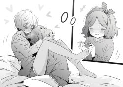 2girls bare_legs barefoot between_legs blush bow_hairband closed_eyes closed_mouth commentary ebizuka_tomo feet fingering girls_band_cry greyscale hairband hand_on_another&#039;s_head hand_on_another&#039;s_neck hand_on_another&#039;s_waist heart holding_nail_file long_sleeves lwmina70119 medium_hair monochrome multiple_girls nail_file on_bed pajamas parted_lips rupa_(girls_band_cry) shirt short_hair sweat toes yuri