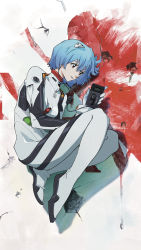1girl absurdres ayanami_rei blue_hair bodysuit breasts digital_media_player full_body hair_ornament headphones highres holding holding_digital_media_player mecha_pilot_suit medium_breasts neon_genesis_evangelion nerv pakkun plugsuit_(evangelion) red_eyes short_hair solo sony white_bodysuit