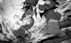 Rule 34 | battle, blue sash, clenched hand, clenched hands, closed mouth, dougi, dragon ball, dragon ball gt, dragon ball super, earrings, energy ball, fighting stance, gloves, gogeta, incoming attack, jewelry, kamehameha (dragon ball), male focus, metamoran vest, monkey boy, monkey tail, monochrome, multiple boys, muscular, muscular male, ommmyoh, pants, potara earrings, powering up, red fur, saiyan, sash, serious, simple background, spiked hair, super saiyan, super saiyan 4, super saiyan blue, tail, vegetto