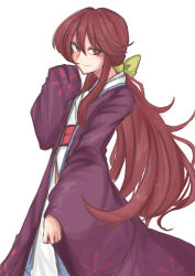 Rule 34 | 1girl, absurdres, bow, closed mouth, floral print, hair bow, highres, japanese clothes, kimono, kotohime (touhou), kuraki, long hair, looking at viewer, low-tied long hair, obi, phantasmagoria of dim.dream, purple kimono, red eyes, red hair, ribbon, sash, sidelocks, smile, solo, touhou, touhou (pc-98), white kimono, wide sleeves, yellow bow