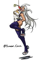 1girl :d animal_ears arms_behind_back artist_name boku_no_hero_academia breasts carrot_on_stick covered_navel dark-skinned_female dark_skin highleg highleg_leotard jumping large_breasts leotard long_hair mirko open_mouth purple_thighhighs rabbit_ears rabbit_girl red_eyes simple_background sleeveless_turtleneck_leotard smile solo teeth thighhighs twitter_username white_background white_hair white_leotard yumemi_coco