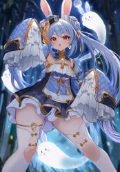 1girl :o aki_hoshino animal_ear_fluff animal_ears armpits artist_name bamboo bamboo_forest blue_hair blurry blurry_background braid braided_bun breasts carrot_print chestnut_mouth chinese_clothes chinese_knot cowboy_shot detached_collar detached_sleeves don-chan_(usada_pekora) double_bun dress earrings extra_ears eyeshadow food_print forest frilled_dress frilled_skirt frills full_moon ghost gold_thighlet gold_trim hair_between_eyes hair_bun hair_ribbon hand_up hat highres hololive jewelry jiangshi_costume juliet_sleeves knee_cutout layered_dress light_particles long_hair long_sleeves looking_at_viewer makeup moon multicolored_hair nature night night_sky official_alternate_costume official_alternate_hairstyle ofuda ofuda_on_clothes ofuda_on_head orange_eyes parted_lips pom_pom_(clothes) pom_pom_earrings puffy_sleeves qingdai_guanmao rabbit-shaped_pupils rabbit_ears rabbit_girl ribbon short_dress sidelocks signature skirt sky sleeves_past_fingers sleeves_past_wrists small_breasts streaked_hair symbol-shaped_pupils tassel thick_eyebrows thighhighs twintails two-tone_hair usada_pekora usada_pekora_(10th_costume) virtual_youtuber white_hair white_thighhighs wide_sleeves